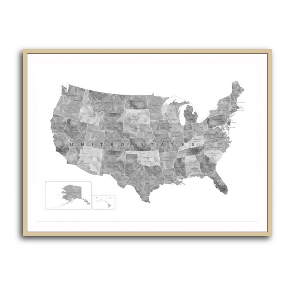 Gray watercolor map of the US