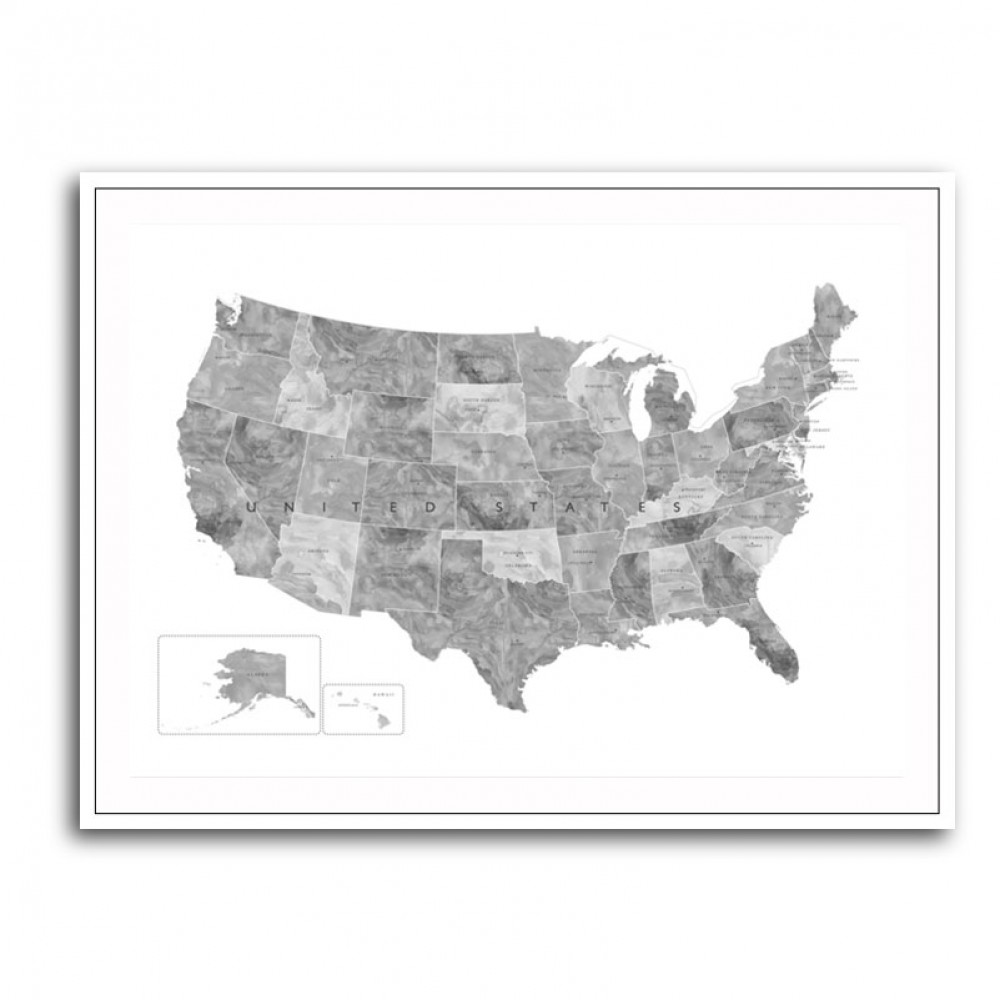 Gray watercolor map of the US