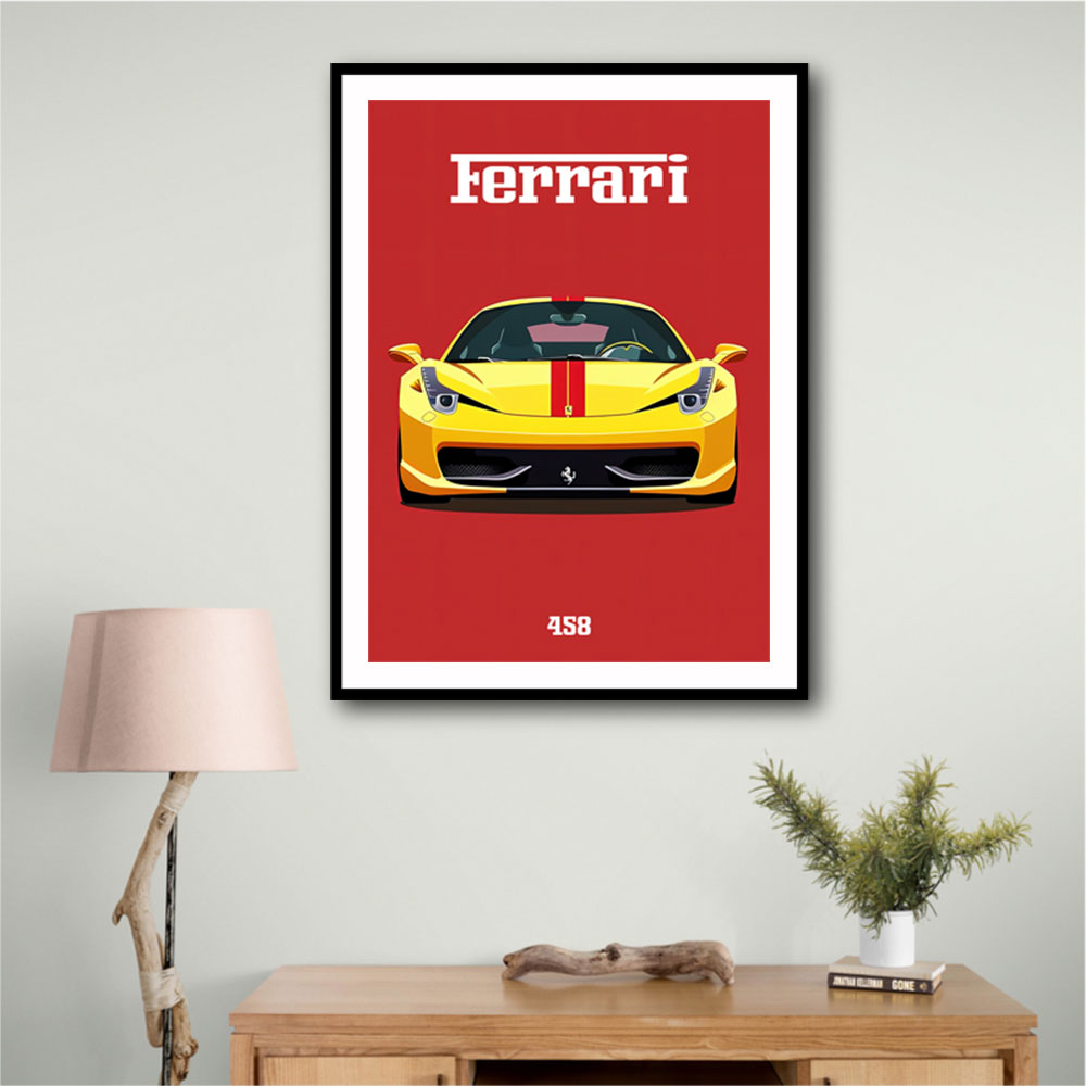 Ferrari 458 Yellow on Red Poster