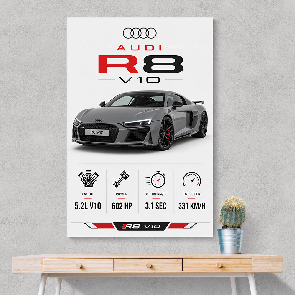 Audi R8 V10 Grey Sports Car Wall Art