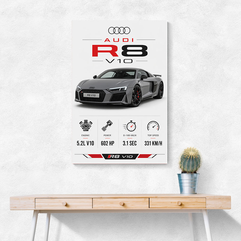 Audi R8 V10 Grey Sports Car Wall Art