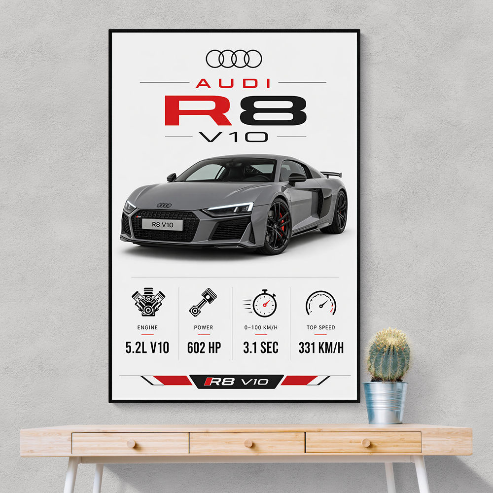 Audi R8 V10 Grey Sports Car Wall Art