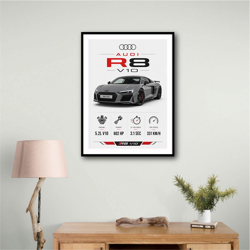 Audi R8 V10 Grey Sports Car Wall Art