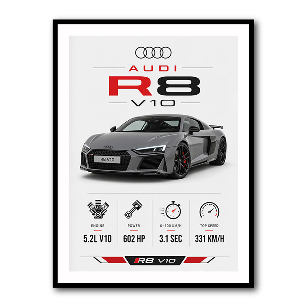 Audi R8 V10 Grey Sports Car Wall Art