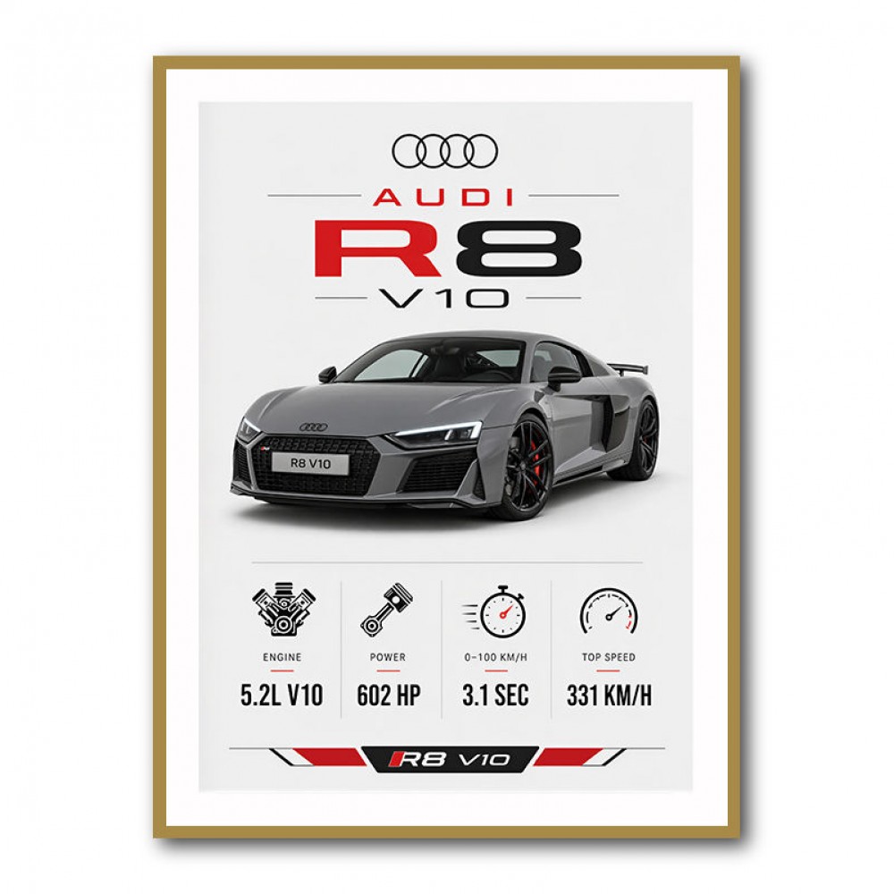 Audi R8 V10 Grey Sports Car Wall Art