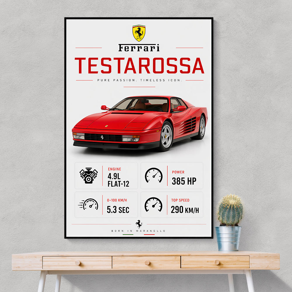Red Ferrari Testarossa Stats Wall Art
