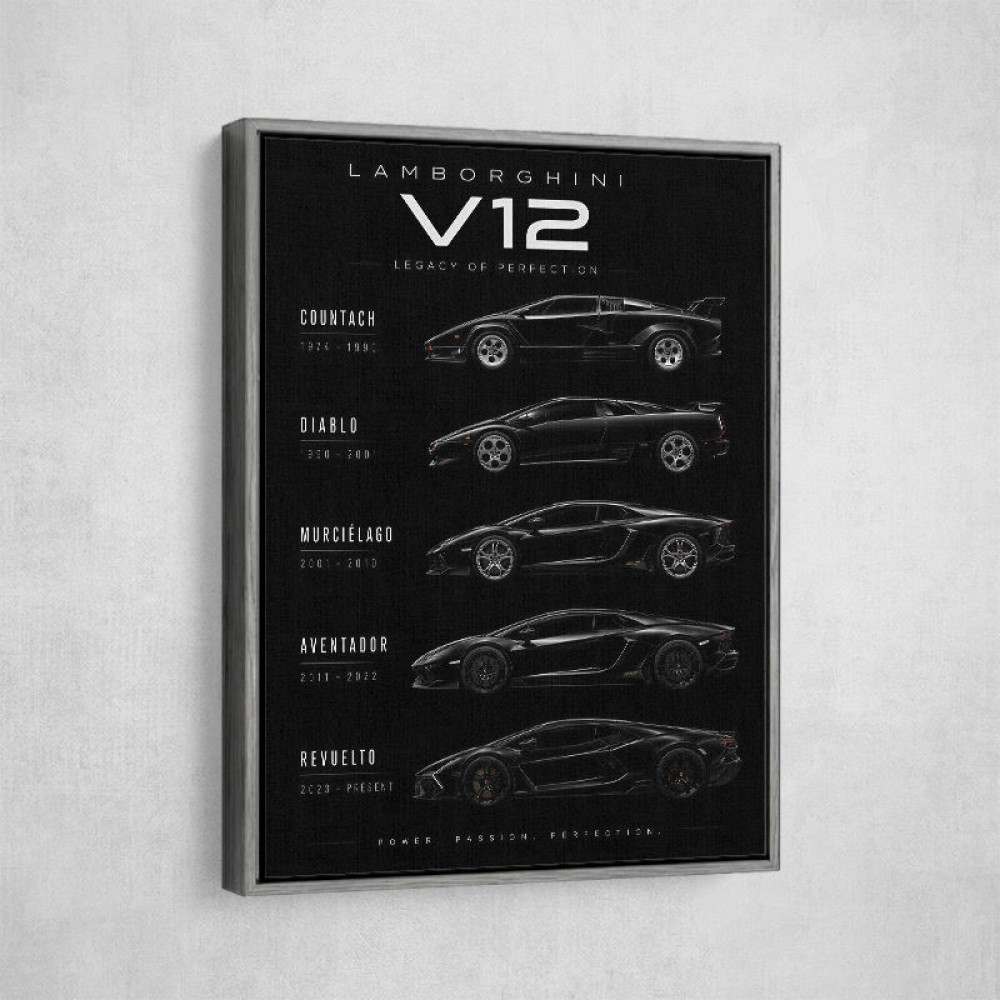 Lamborghini V12 Generations Black Cars Art Print