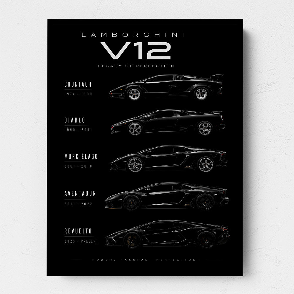 Lamborghini V12 Generations Black Cars Art Print