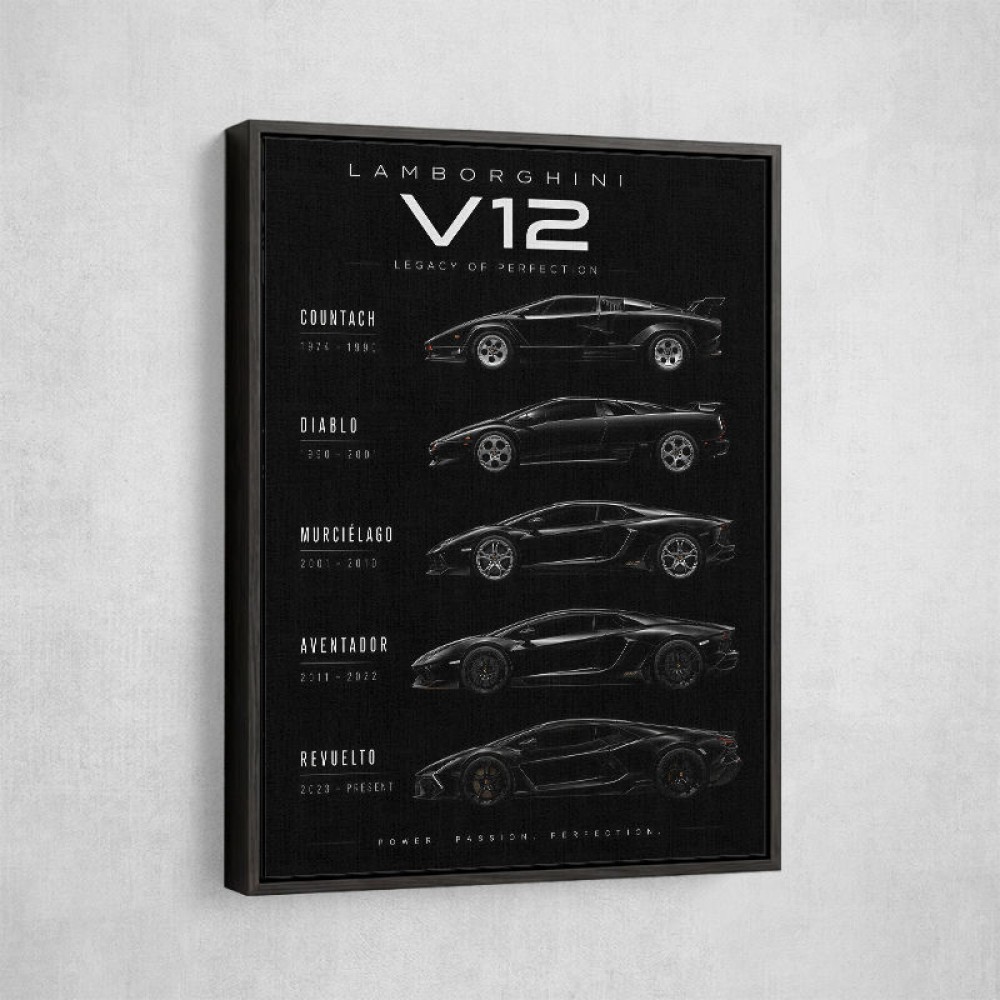 Lamborghini V12 Generations Black Cars Art Print