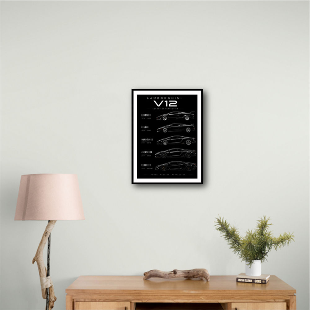 Lamborghini V12 Generations Black Cars Art Print