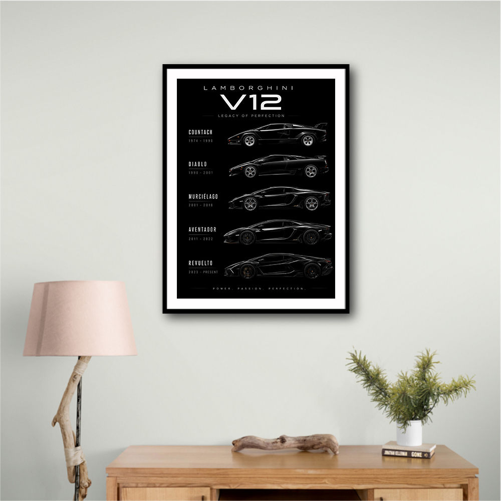 Lamborghini V12 Generations Black Cars Art Print