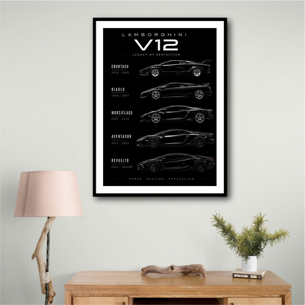 Lamborghini V12 Generations Black Cars Art Print