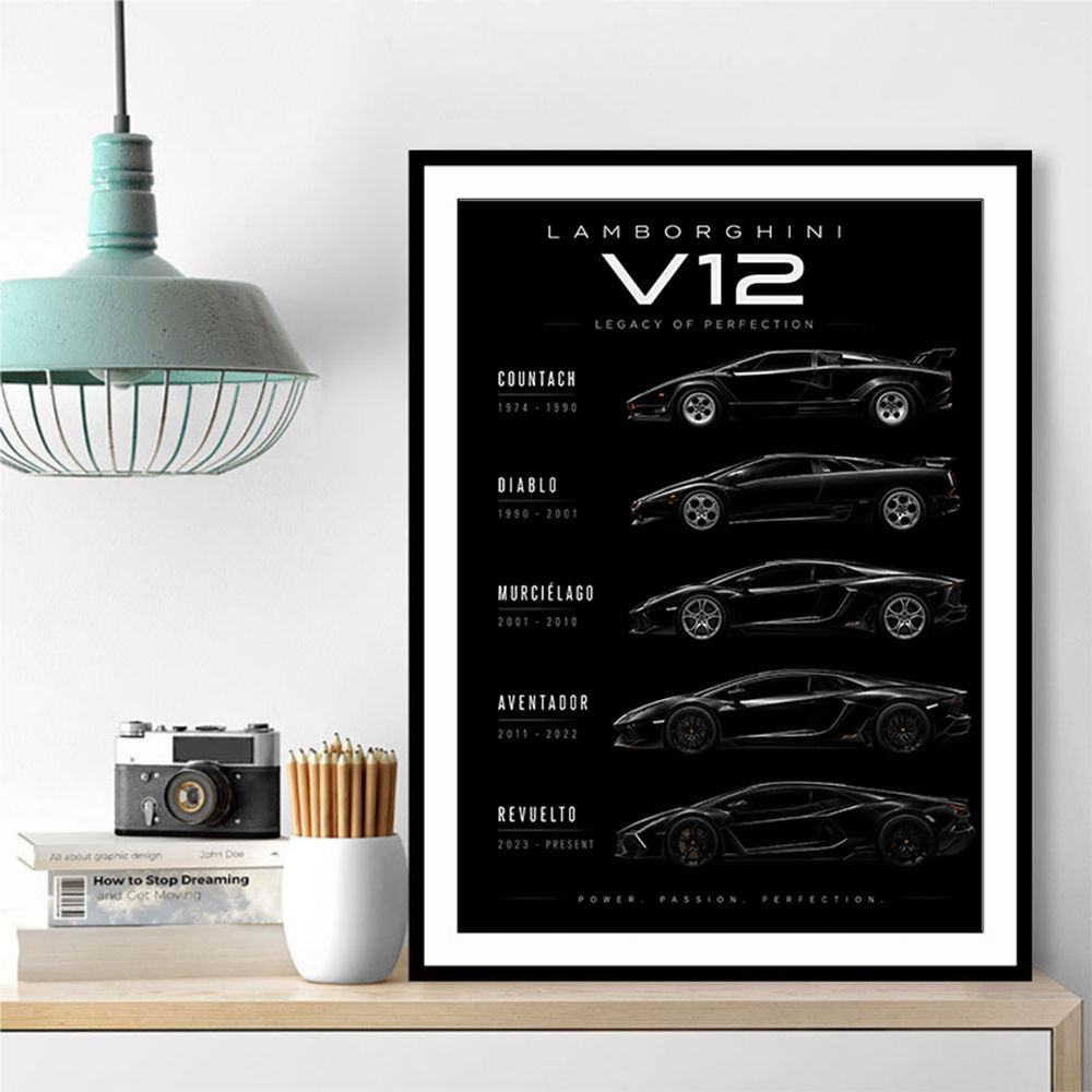 Lamborghini V12 Generations Black Cars Art Print