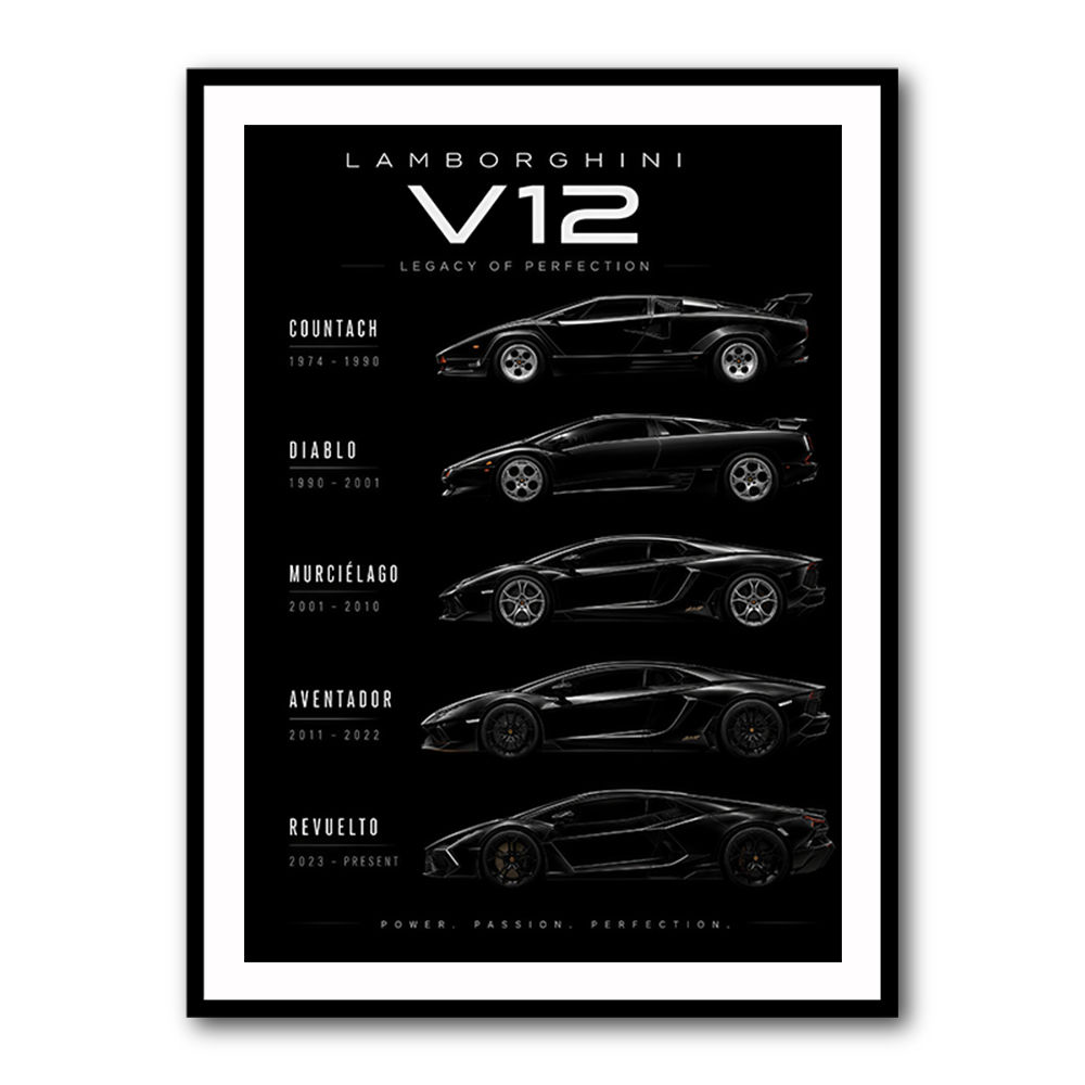 Lamborghini V12 Generations Black Cars Art Print