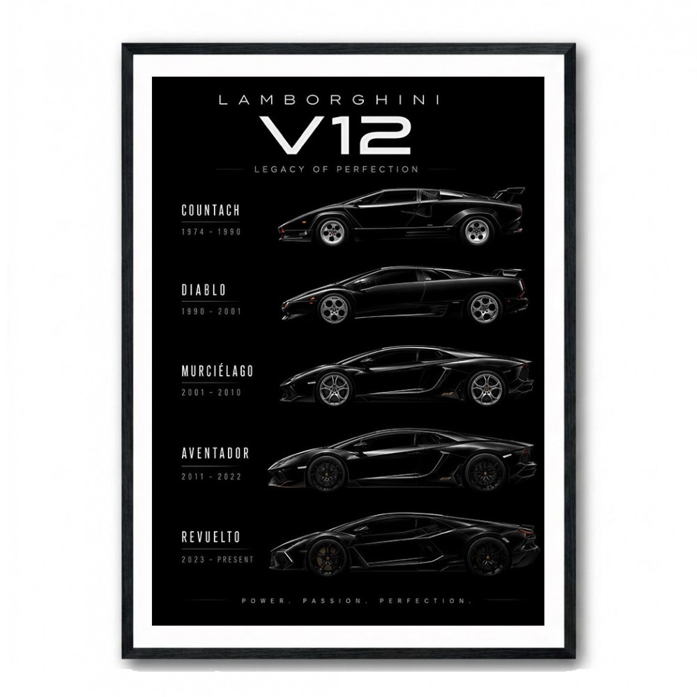 Lamborghini V12 Generations Black Cars Art Print