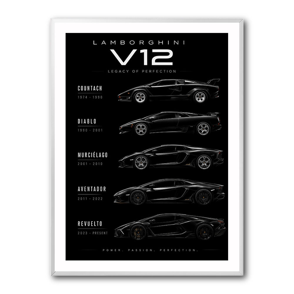 Lamborghini V12 Generations Black Cars Art Print