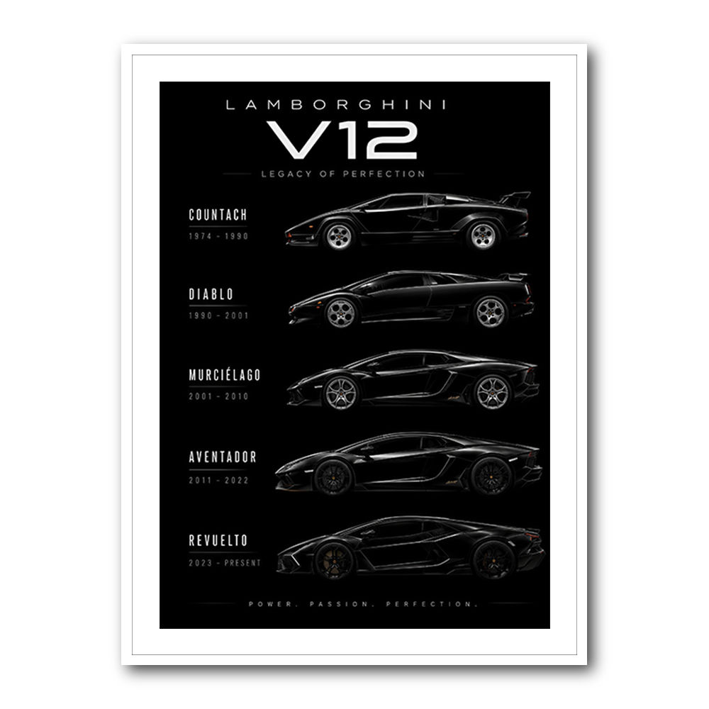 Lamborghini V12 Generations Black Cars Art Print