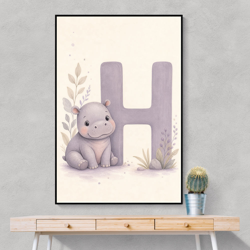 H For Hippo Watercolor Wall Art