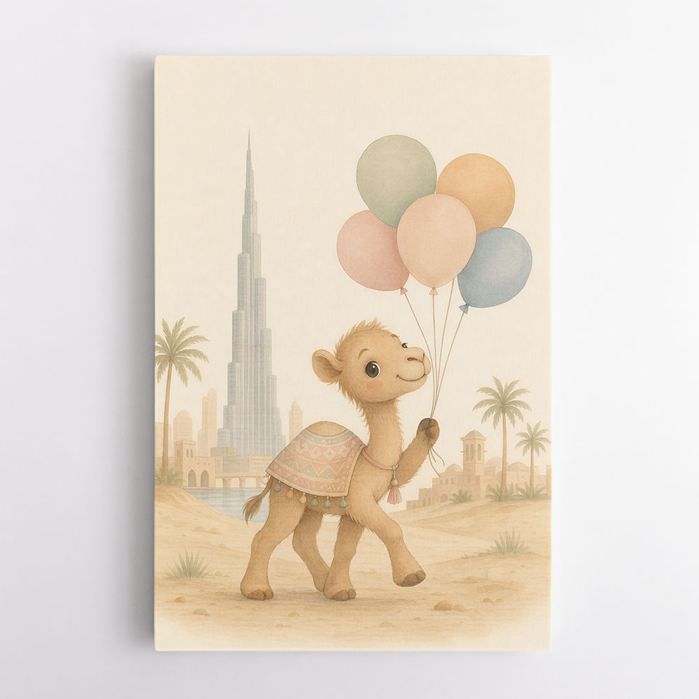 Camel with Balloons Childrens Wall Art Print