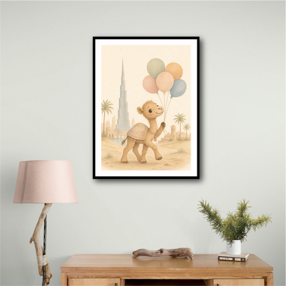 Camel with Balloons Childrens Wall Art Print
