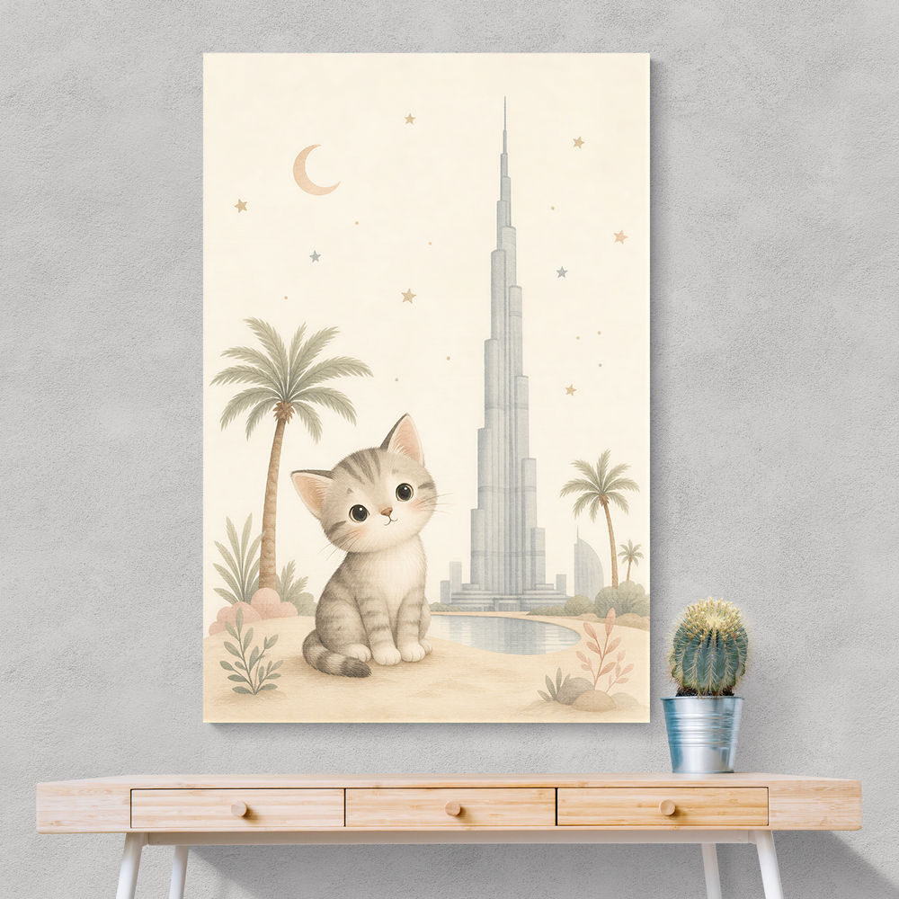 Cat by Burj Khalifa Childrens Wall Art Print