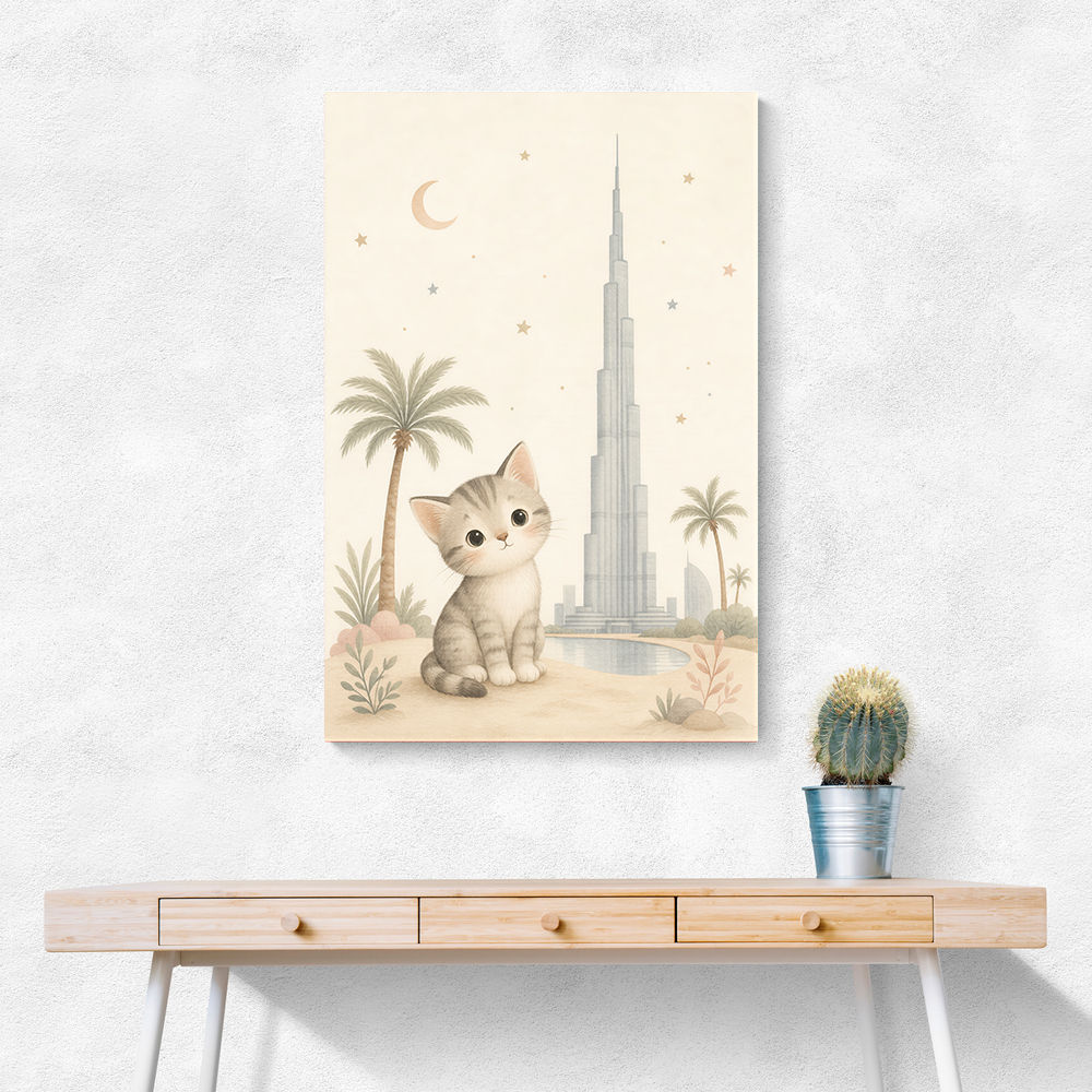 Cat by Burj Khalifa Childrens Wall Art Print