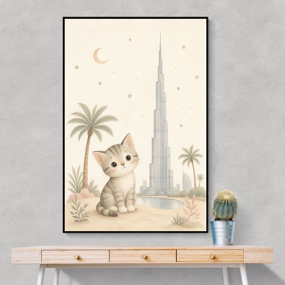 Cat by Burj Khalifa Childrens Wall Art Print
