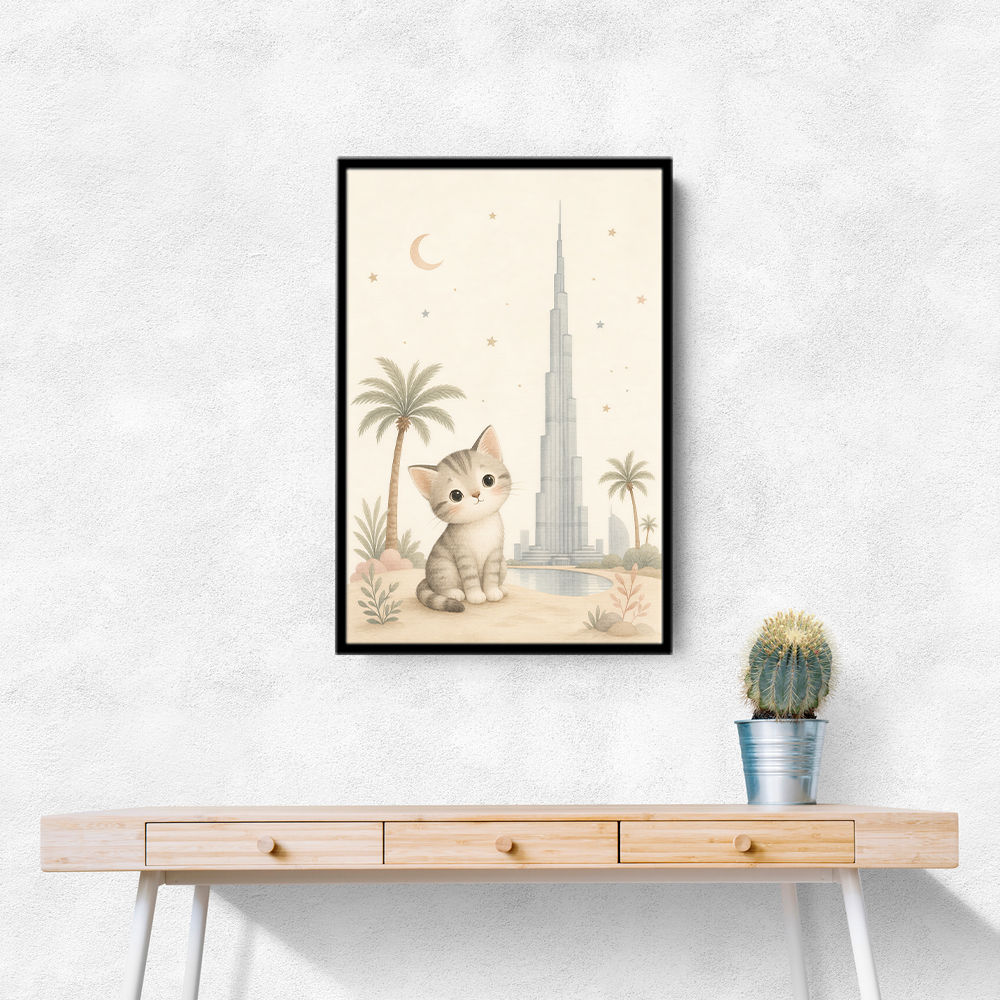 Cat by Burj Khalifa Childrens Wall Art Print