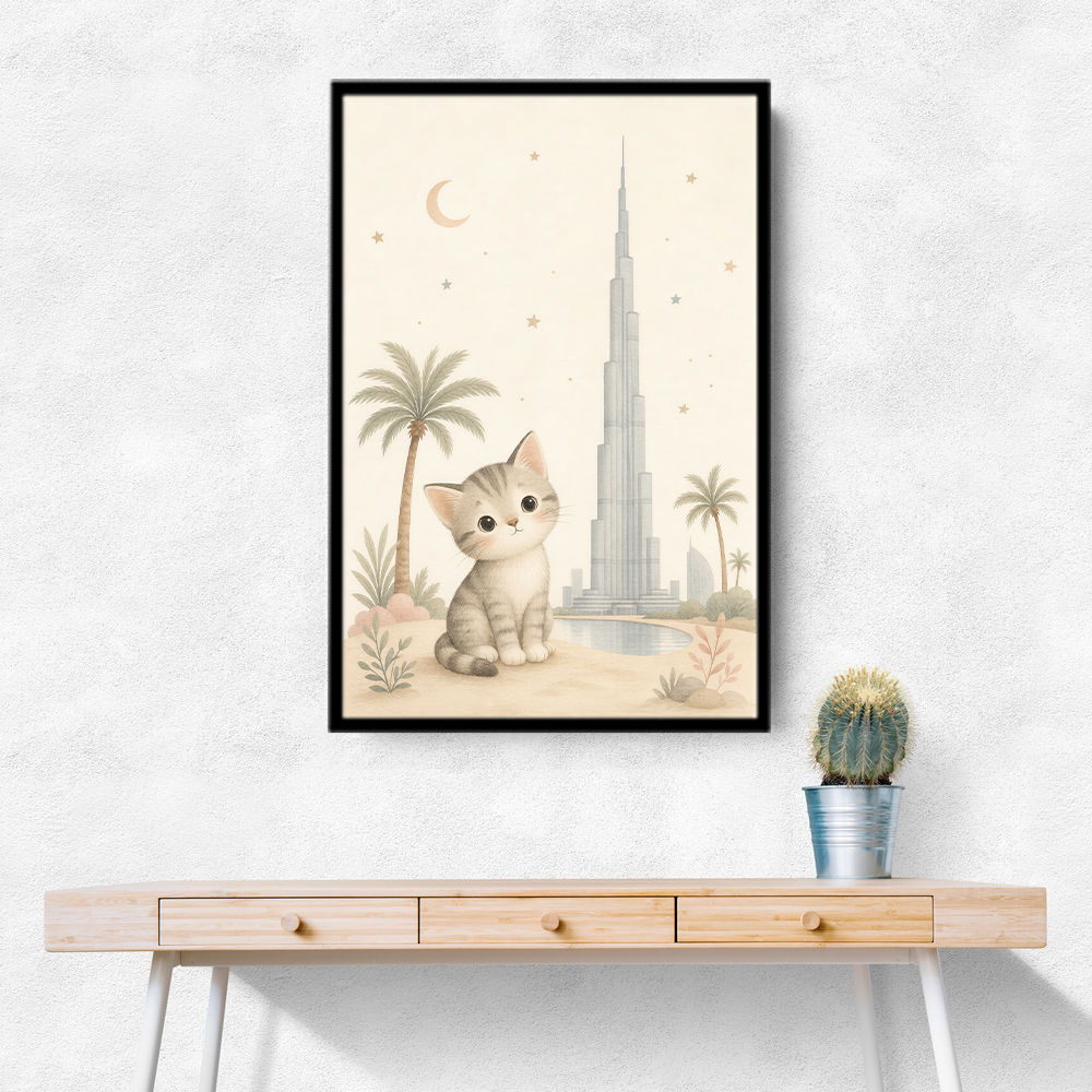 Cat by Burj Khalifa Childrens Wall Art Print