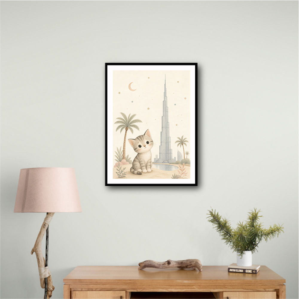 Cat by Burj Khalifa Childrens Wall Art Print