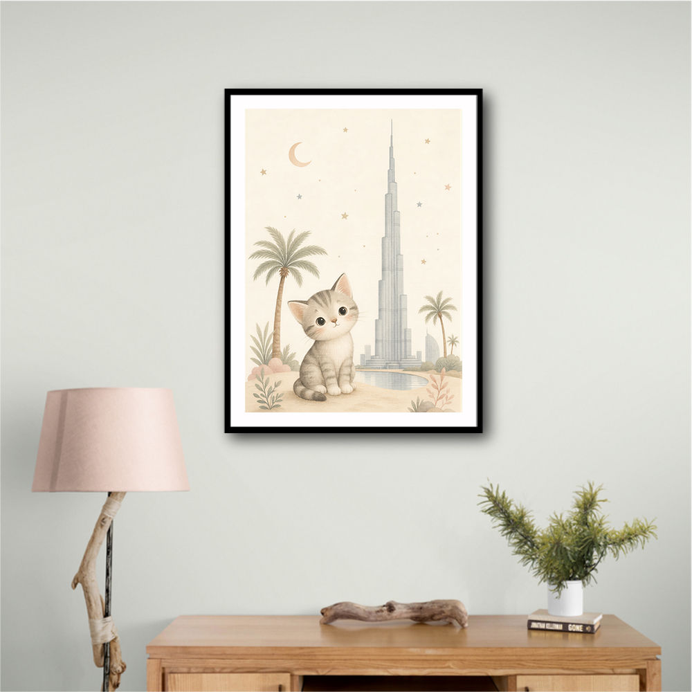 Cat by Burj Khalifa Childrens Wall Art Print