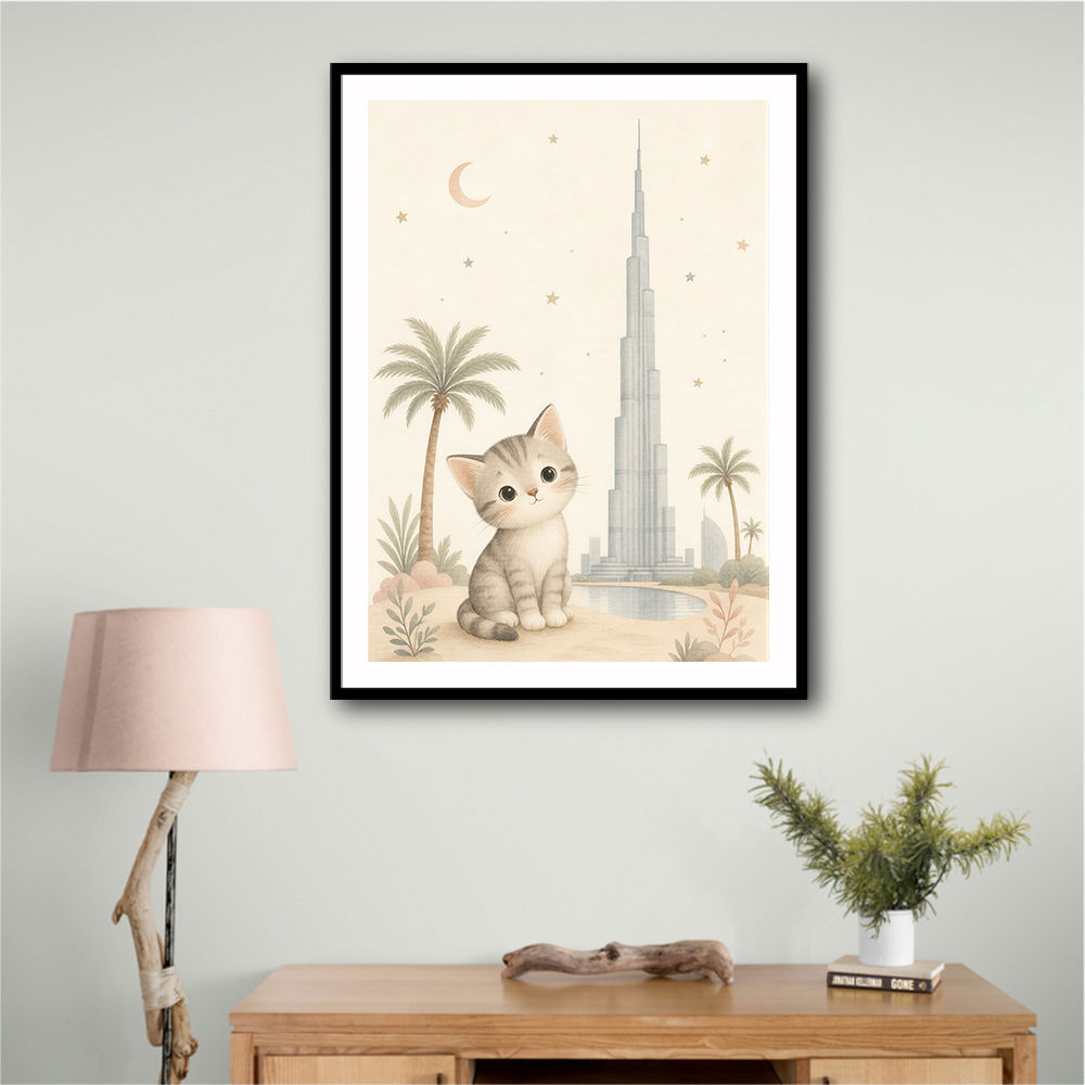 Cat by Burj Khalifa Childrens Wall Art Print