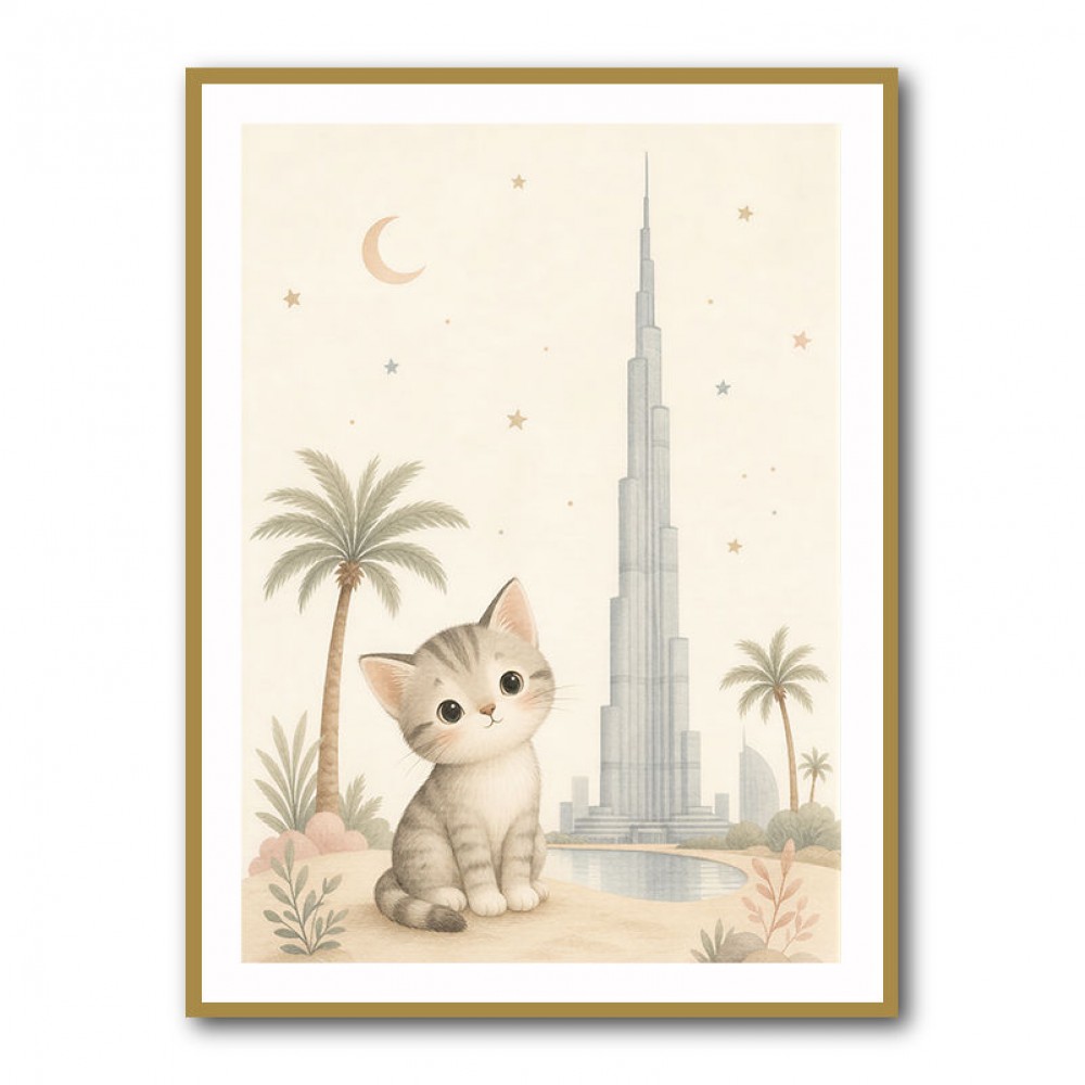 Cat by Burj Khalifa Childrens Wall Art Print