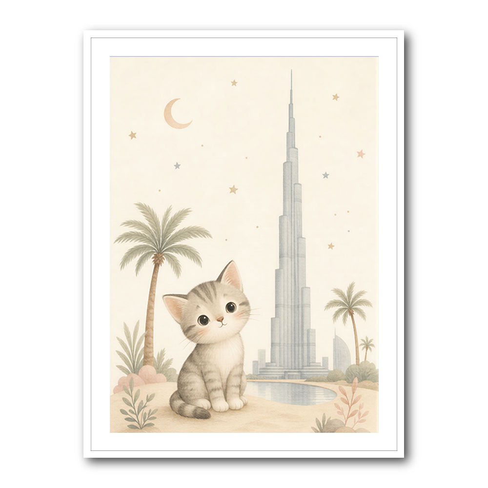 Cat by Burj Khalifa Childrens Wall Art Print