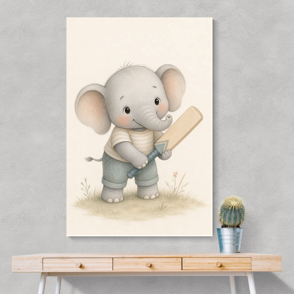 Elephant Cricket Childrens Wall Art Print