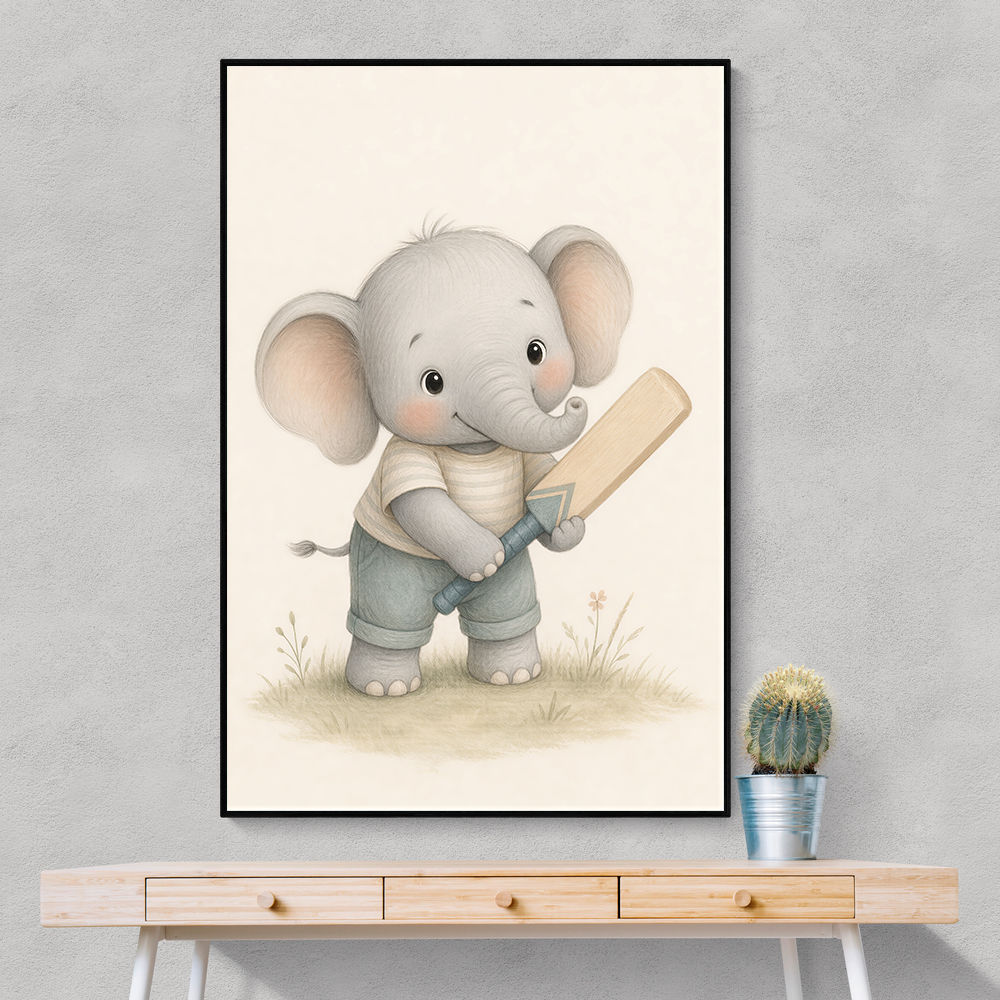 Elephant Cricket Childrens Wall Art Print