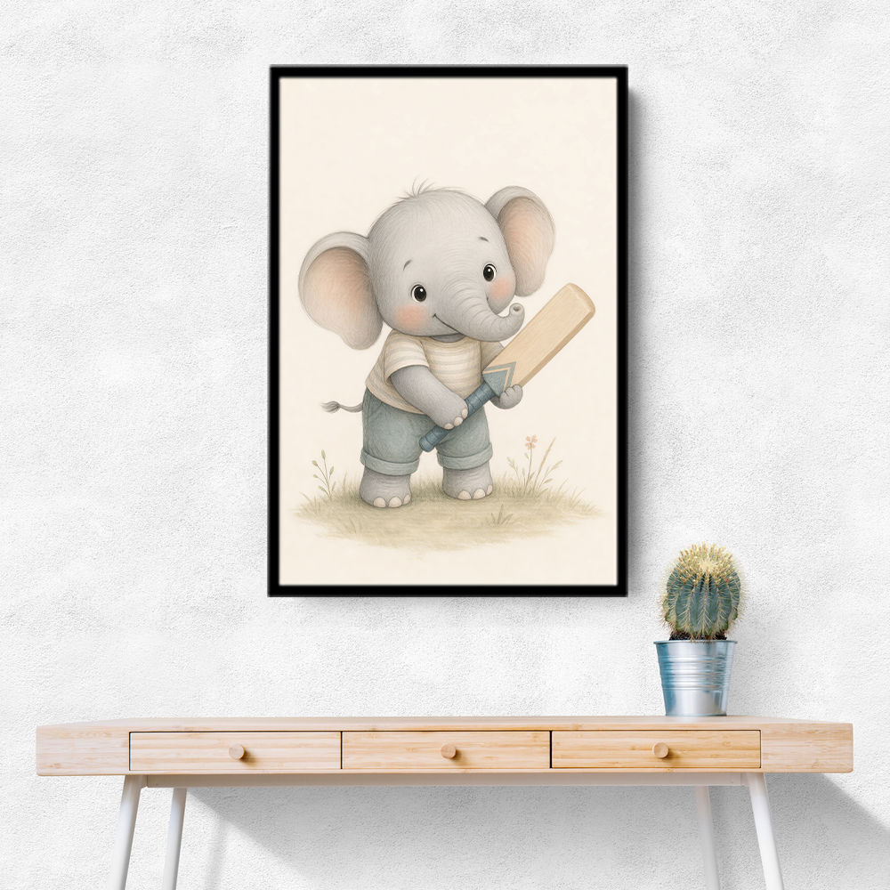 Elephant Cricket Childrens Wall Art Print