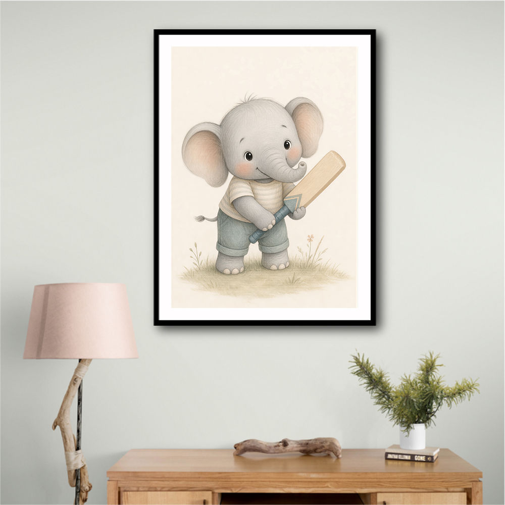 Elephant Cricket Childrens Wall Art Print