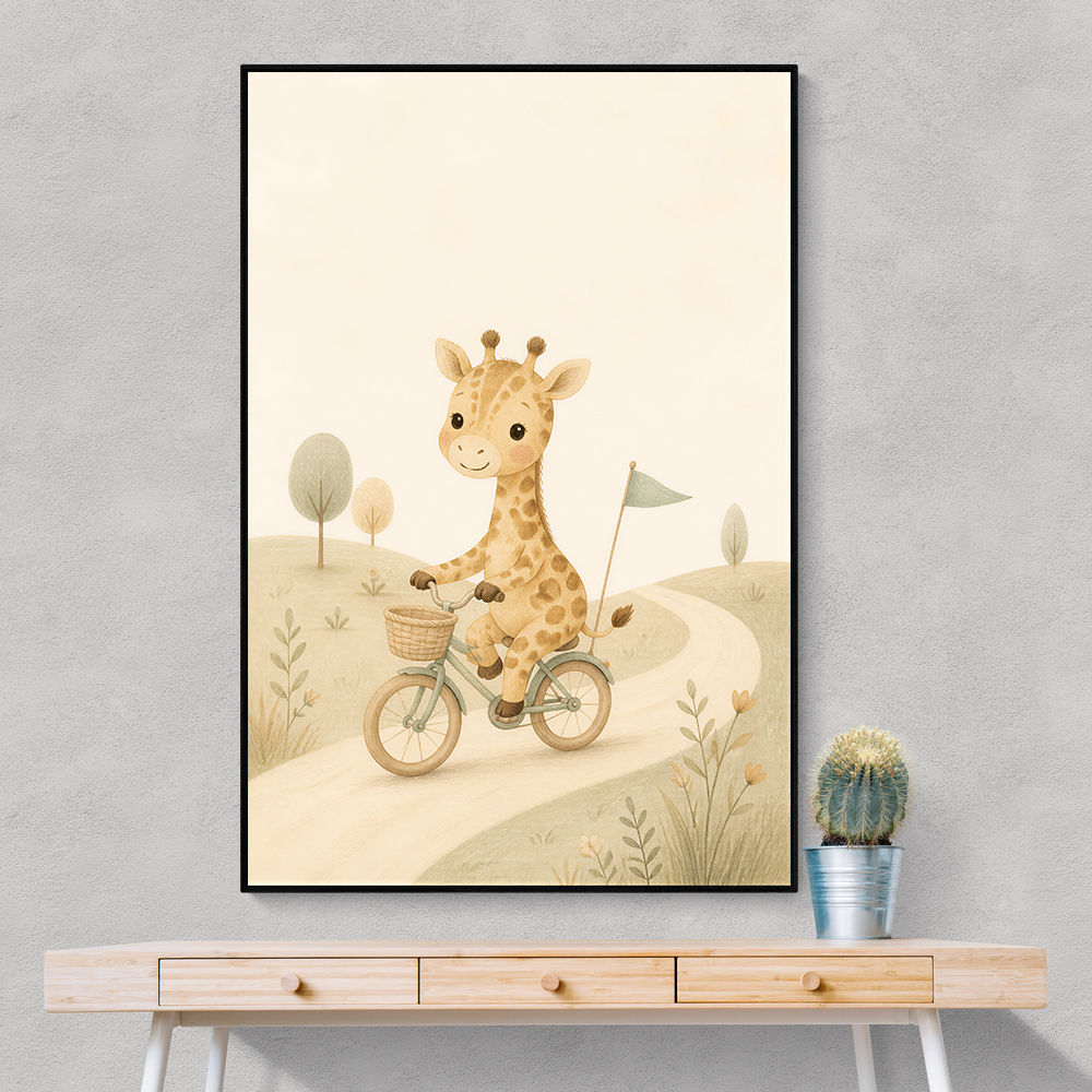 Giraffe Cyclist Childrens Wall Art Print