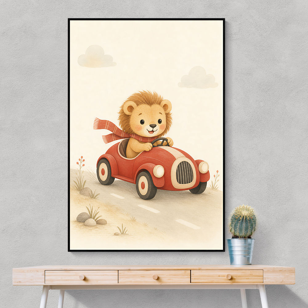 Little Race Car Lion Nursery Wall Art 
