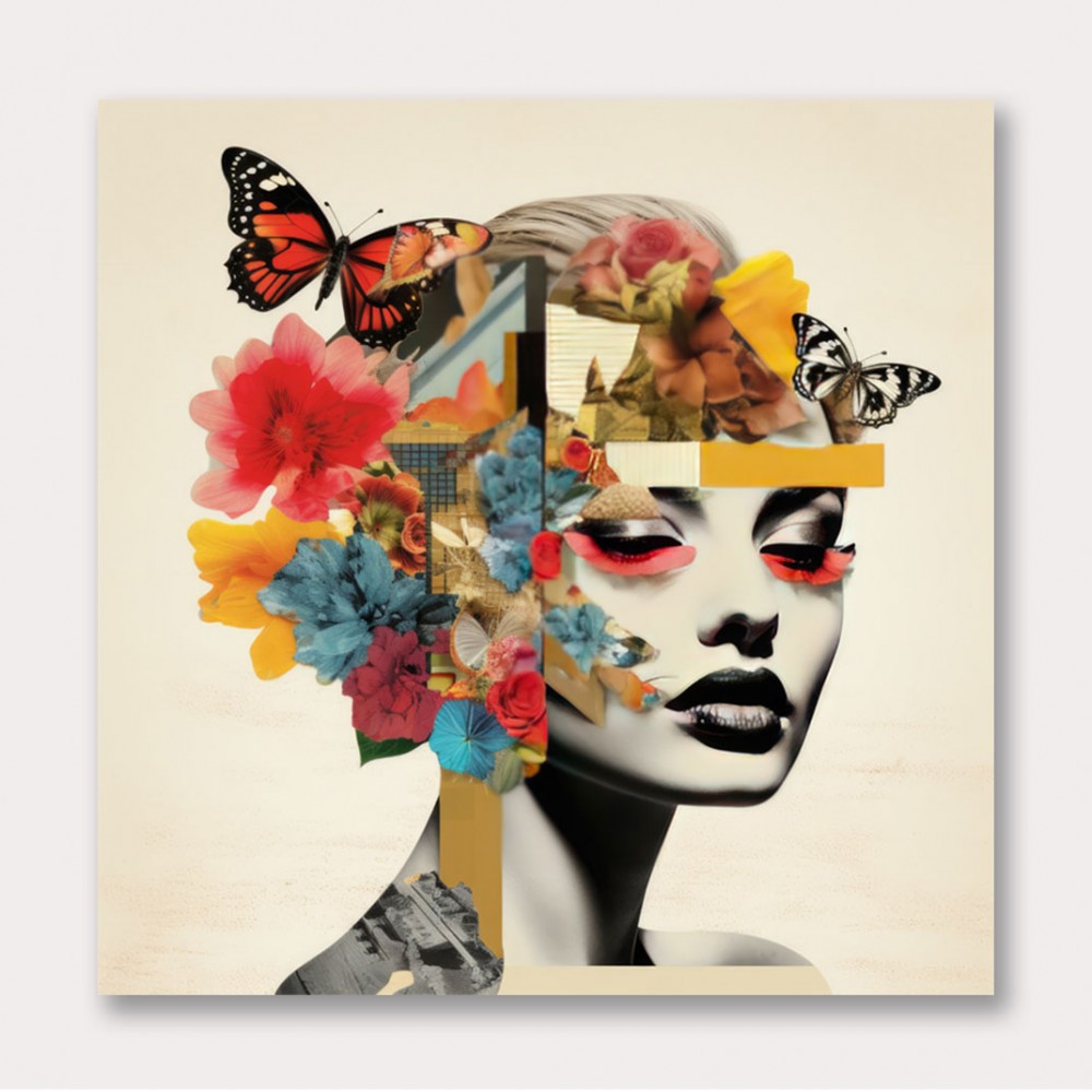 Flowers & Butterfly Face Collage 5 Wall Art