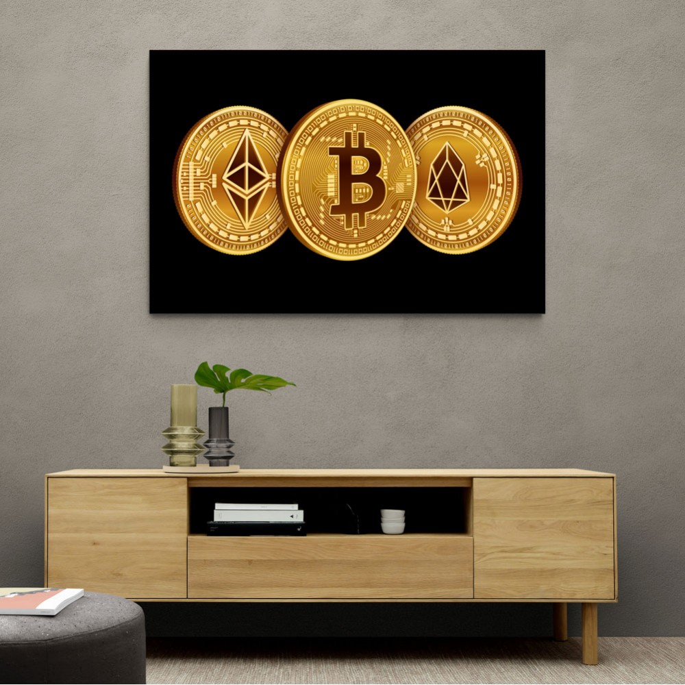 Crypto Coins On Black Wall Art