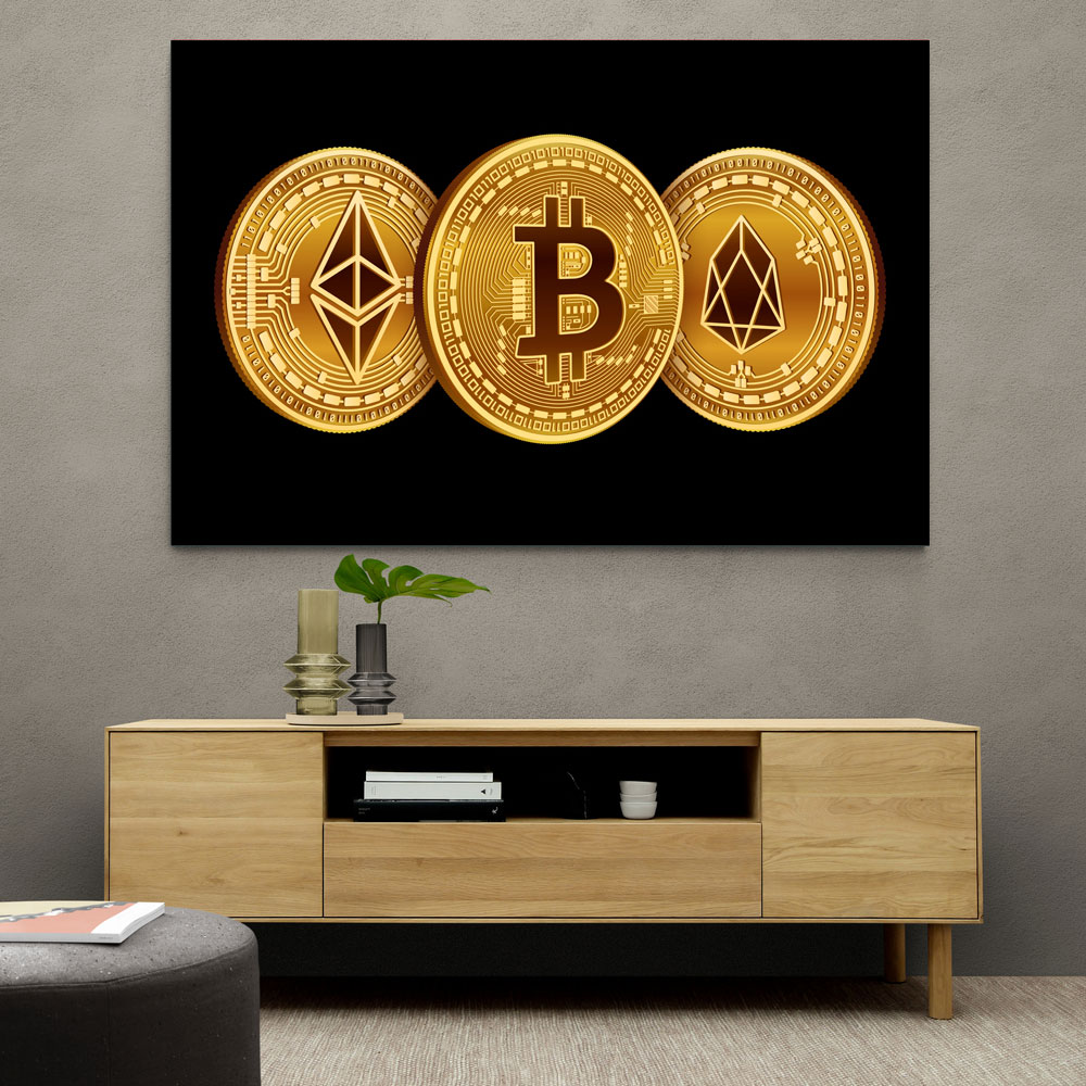 Crypto Coins On Black Wall Art