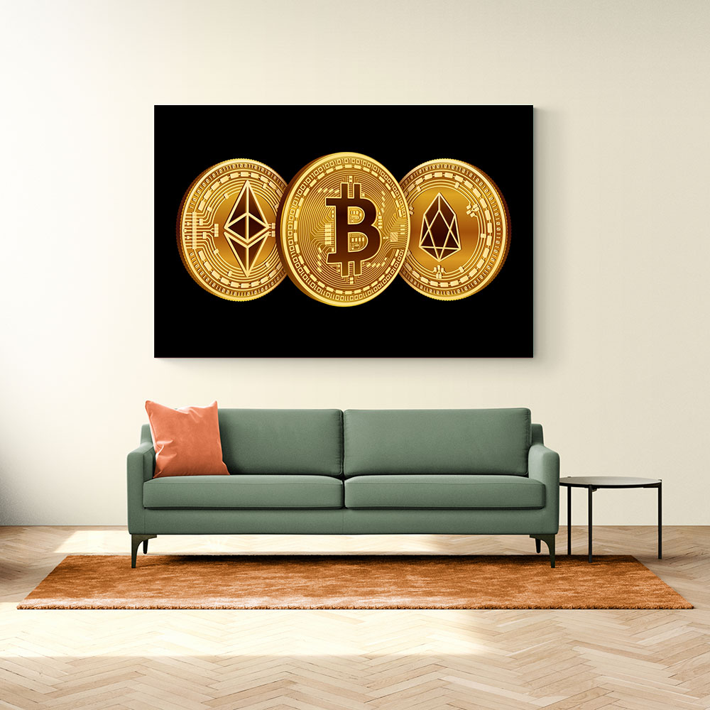 Crypto Coins On Black Wall Art