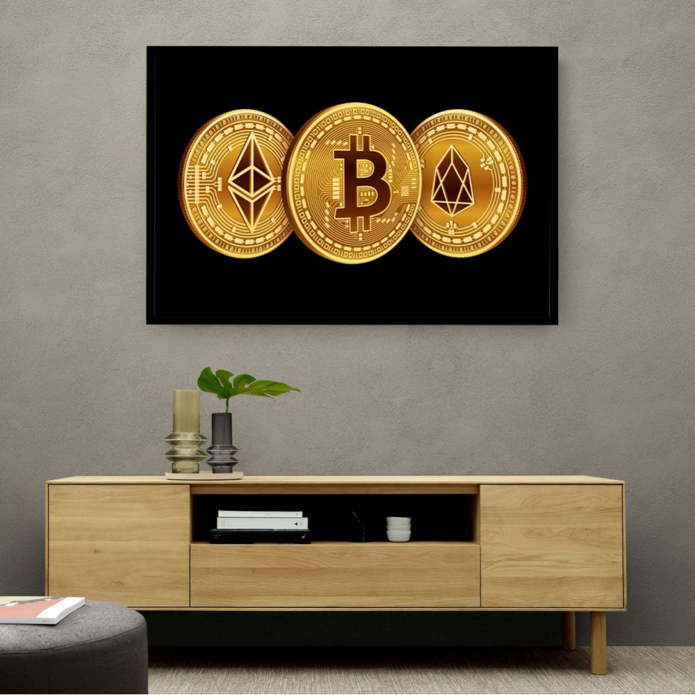 Crypto Coins On Black Wall Art