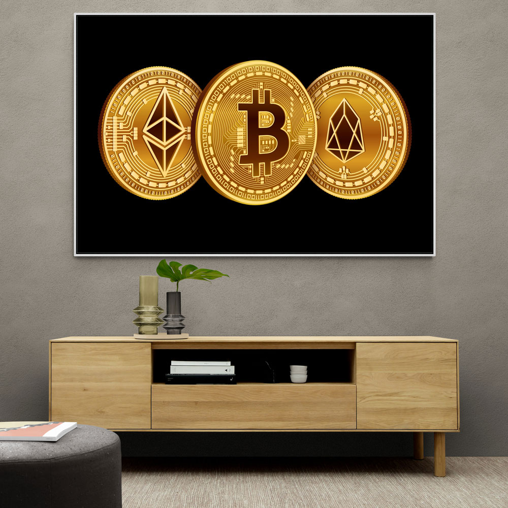 Crypto Coins On Black Wall Art