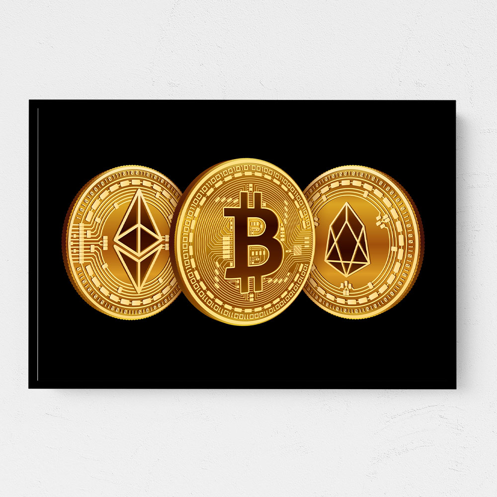 Crypto Coins On Black Wall Art