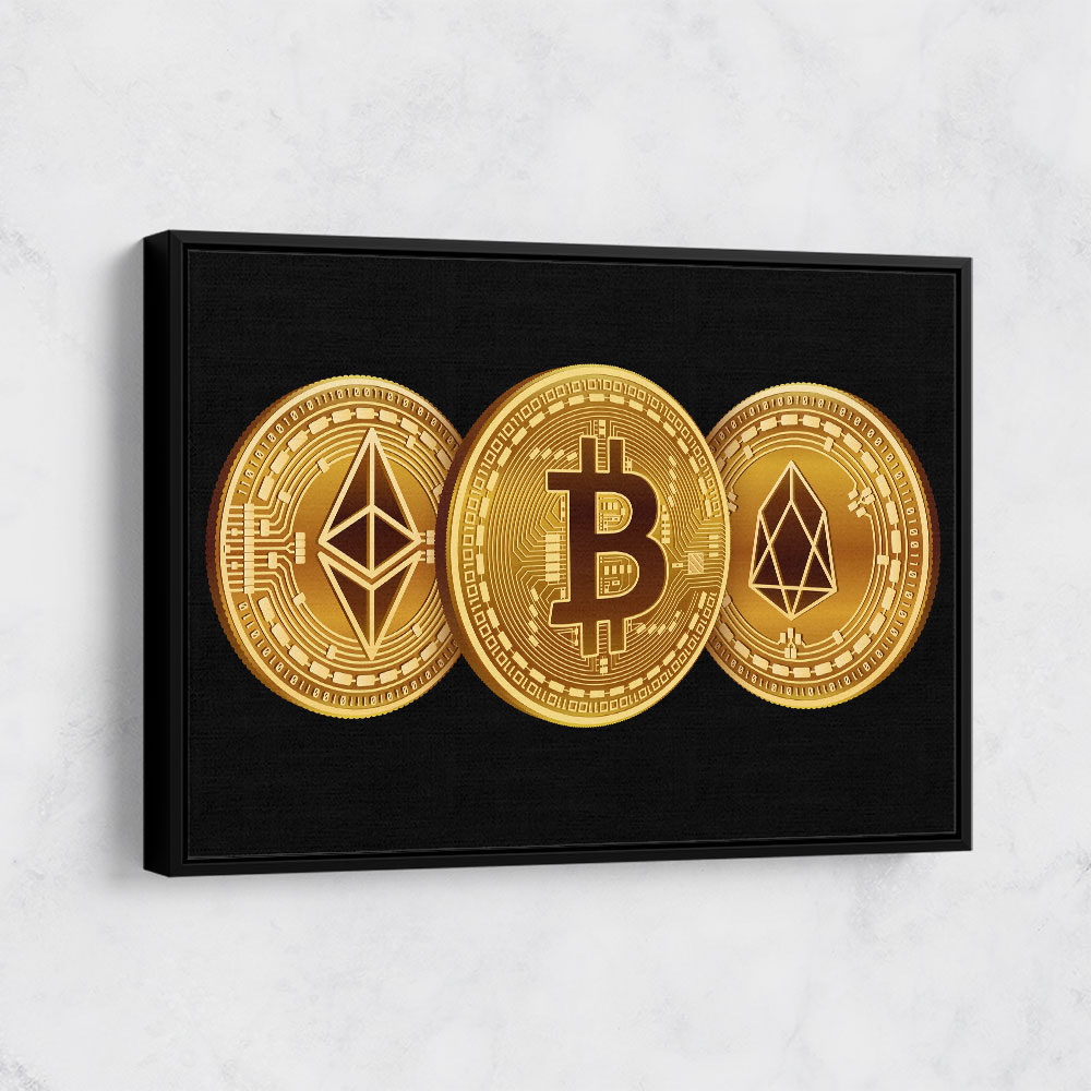 Crypto Coins On Black Wall Art