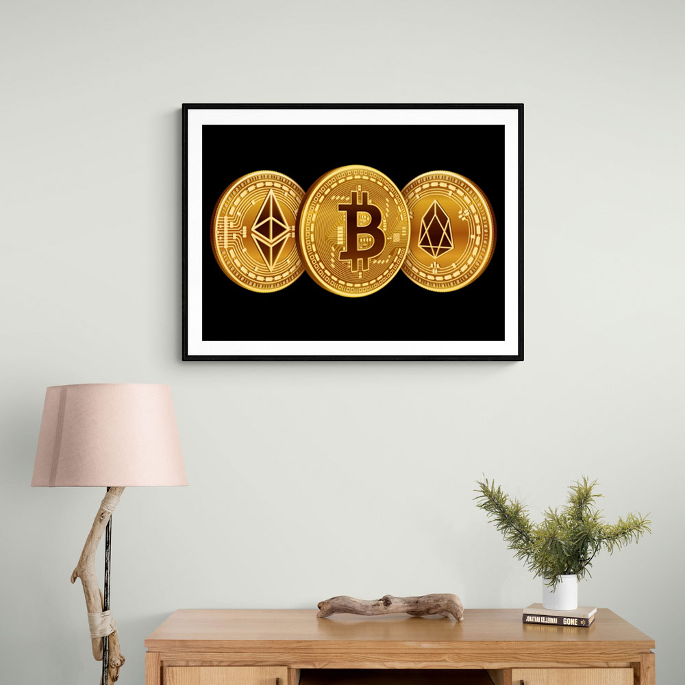 Crypto Coins On Black Wall Art