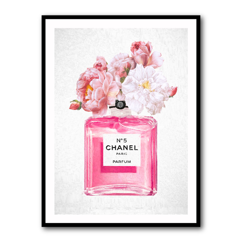 Chanel Bottle Flowers Pink 14 x 18 Framed Print